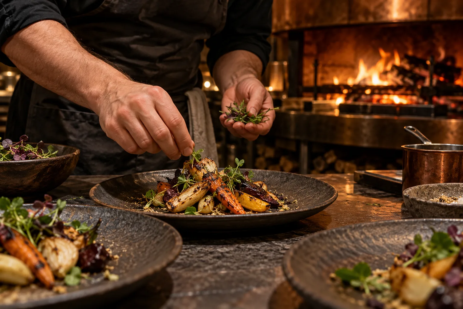 Manos de un chef emplatan verduras junto a un horno al fuego. Imagen generada para la demo.