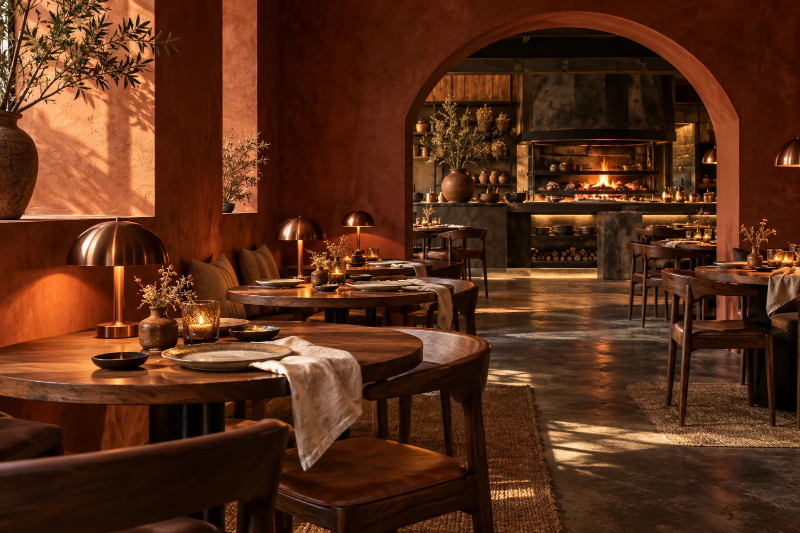 Interior conceptual de Brasa, con arcos de terracota y mesas de madera. Imagen generada.