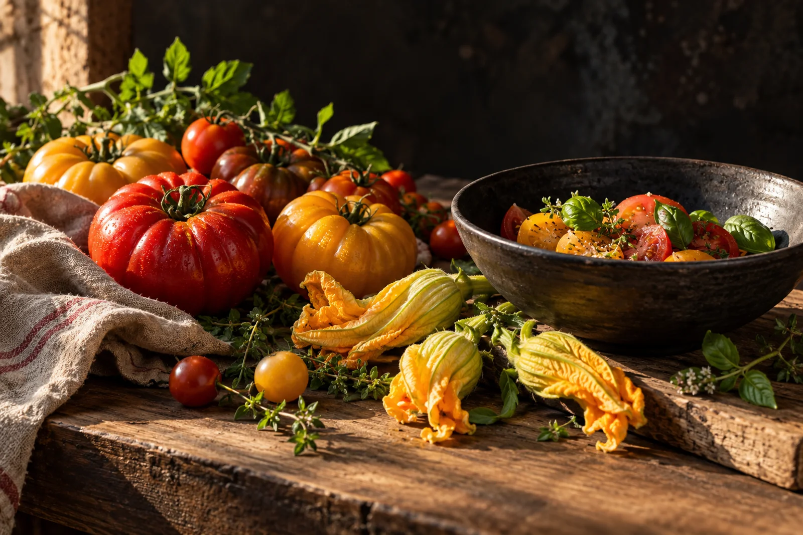 Ingredientes de temporada sobre una mesa de preparación. Imagen generada.